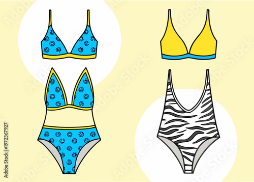 Four women's swimwear items including blue floral patterned pieces alongside a yellow bikini top and a white striped one-piece on a yellow background.