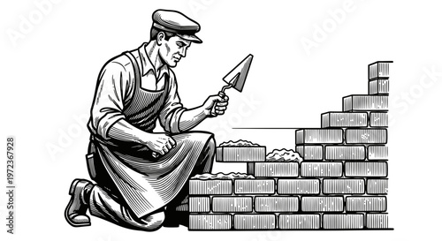Vintage Style Woodcut Illustration of a Professional Bricklayer Mason Building a Brick Wall with a Trowel