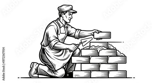 Vintage Illustration of a Professional Mason Bricklayer Building a Brick Wall with Trowel and Mortar, Retro Engraving Style Construction Worker Graphic