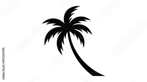 Stylized black silhouette of a classic leaning palm tree, embodying tropical paradise, summer escape, and exotic island charm, ideal for vector designs