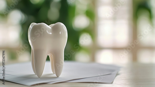 Tooth model document sunlight dental white ceramic healthcare education green background clean bright oral anatomy professional medical dentistry