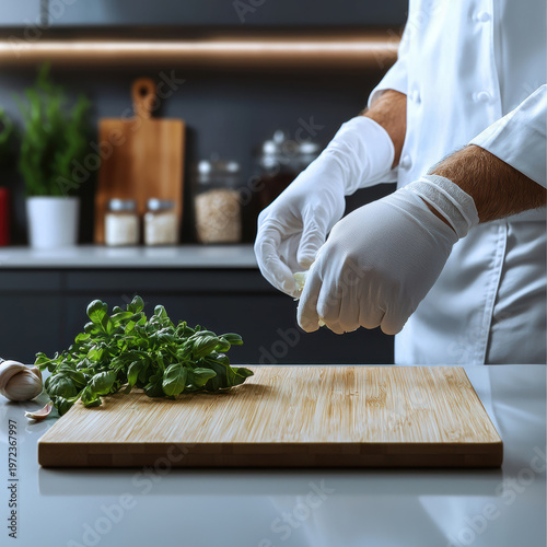 Chef preparing fresh basil and garlic on wooden cutting board in modern kitchen, wearing white uniform and gloves, focused atmosphere
