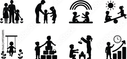 Set of silhouettes of children playing and family activities