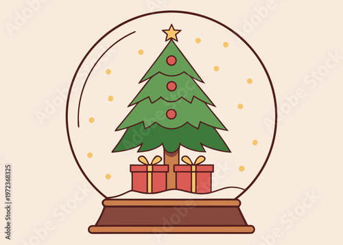A green Christmas tree with red ball ornaments and two square red gifts is inside a glass snow globe with yellow snow on a cream background.