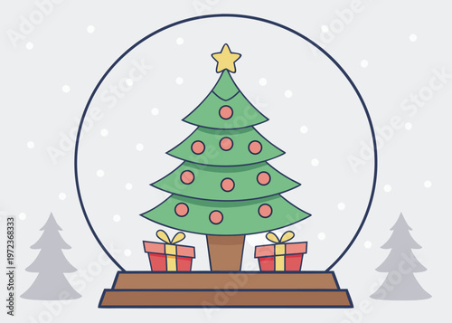 A green Christmas tree with pink ornaments and two red gifts sits inside a glass snow globe on a brown base against a snowy grey backdrop.