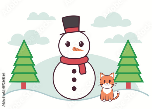A happy snowman with a pointed orange carrot nose and red scarf is positioned on a snowy white hill next to a sitting orange and white kitten.
