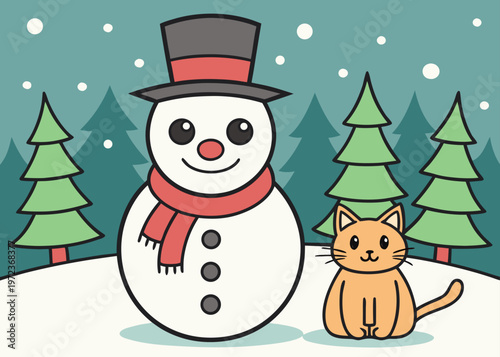 A snowman wearing a black top hat and red scarf stands beside an orange cat in a snowy forest with green pine trees and a teal sky.