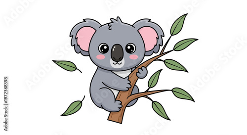 Cute Cartoon Koala Climbing a Tree Branch with Green Leaves Isolated on White Background