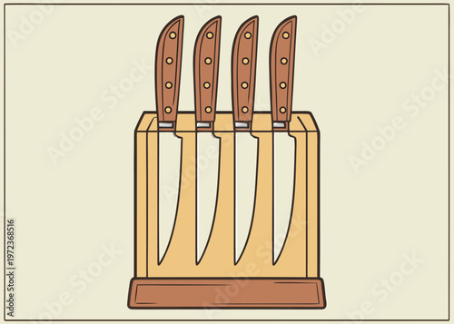 A wooden knife block containing four sharp steel knives with matching wood handles is displayed on a cream background with a brown border.