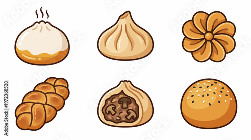 Delicious Bread and Pastry Vector Illustration Set | Cartoon Style Cinnamon Roll, Bun, Challah, Hot Cross Bun, Panettone, Twisted Pastry Vector Icons for Bakery Design