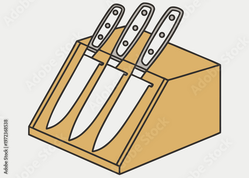 Three kitchen knives with white riveted handles are stored inside a light brown wooden knife block against a solid neutral gray background.