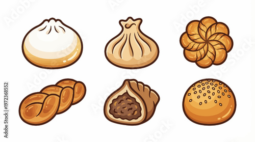 Delicious Bread and Pastry Vector Illustration Set | Cartoon Style Cinnamon Roll, Bun, Challah, Hot Cross Bun, Panettone, Twisted Pastry Vector Icons for Bakery Design