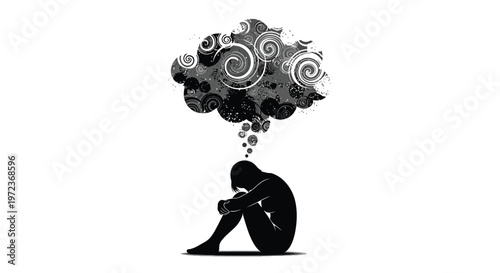 Silhouette of a sad person sitting alone with a heavy mind full of dark swirling thoughts
