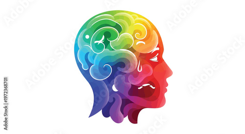 Colorful human head profile showing a crying brain with swirling patterns against a white background