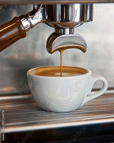 Espresso machine pouring fresh coffee into white cup, rich crema, stainless steel, morning cafe ambiance, inviting aroma