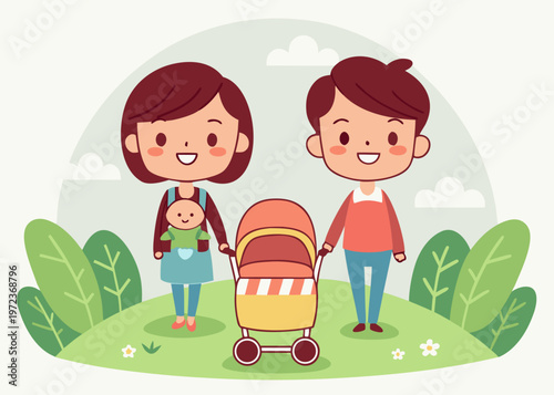 A woman wearing a green baby carrier and a man holding an orange and yellow baby stroller stand on a green hill with large leaves and clouds.