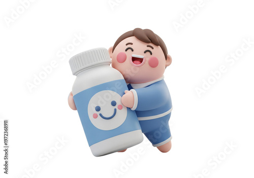Joyful Cartoon Person Hugging a Bottle with a Happy Face Icon