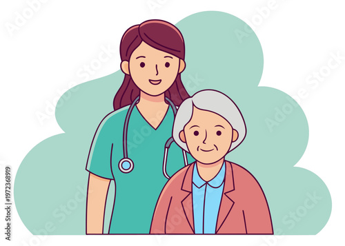 A nurse wearing teal scrubs and a stethoscope stands beside an older woman in a pink blazer and blue shirt against a green cloud background.