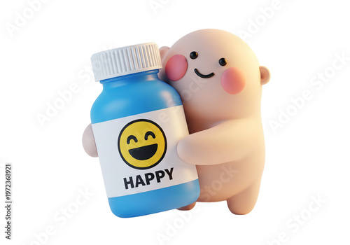 Cute Character Hugging a Happy Pill Bottle