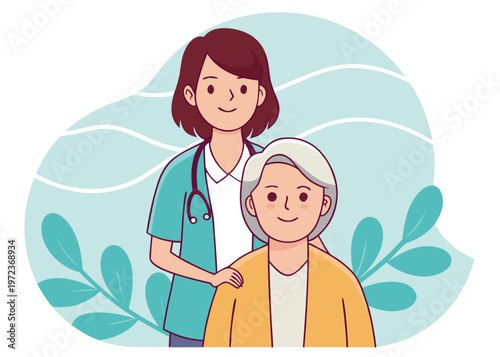 A female nurse in teal scrubs with a stethoscope touches the shoulder of an elderly woman in a yellow jacket against a blue background.