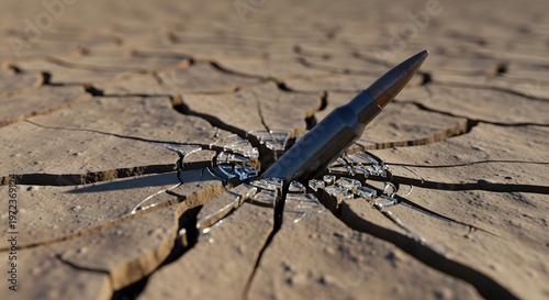Bullet stuck in cracked dry earth, symbolizing conflict or drought impact