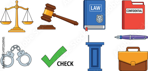 Legal and Court Icons Set Featuring Gavel, Scales of Justice, Confidential Files, and Handcuffs for Law and Legal Services Projects