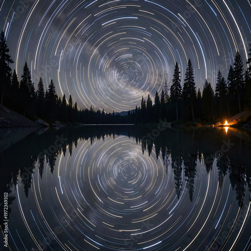 Star trails over a lake reflecting trees in a night landscape