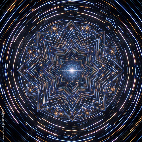 Abstract star design with glowing lines in blue and orange colors