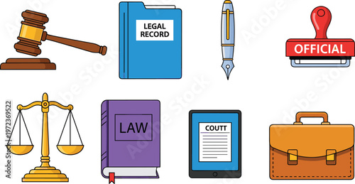 Legal and Court Icons Set Featuring Gavel, Scales of Justice, Law Books, and Official Documents for Legal Projects