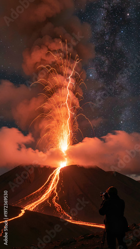 Volcano erupting with lava and ash at night under starry sky