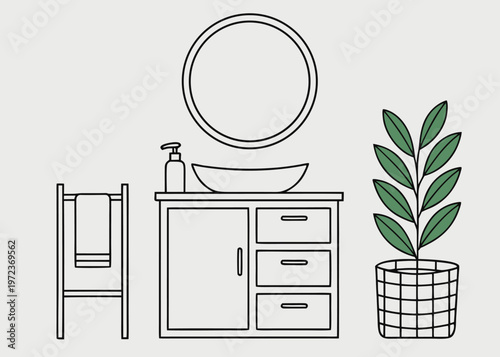 Clean bathroom interior layout featuring a gray vanity with a vessel sink, a towel rack, a round mirror, and a green plant in a checkered pot.