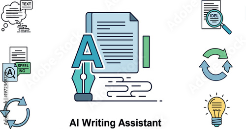 AI writing assistant concept with content creation editing proofreading and text optimization tools artificial intelligence productivity vector illustration
