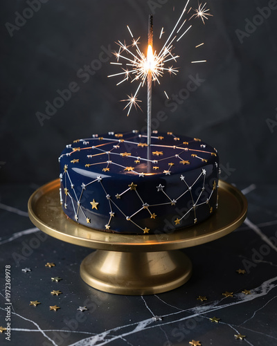 Blue starry cake with sparkler on golden stand for celebration