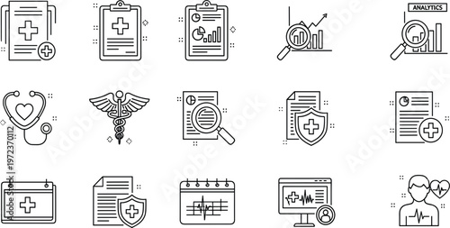 Healthcare and medical analytics line icons set with reports diagnostics insurance monitoring and hospital data management vector illustration