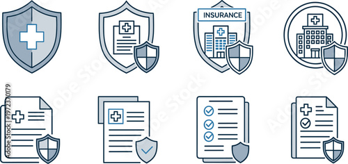 Medical insurance and healthcare protection icons set with shield hospital documents and security symbols modern vector illustration collection
