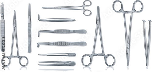 Surgical instruments set with forceps scissors scalpel and medical tools realistic stainless steel equipment for surgery healthcare vector illustration