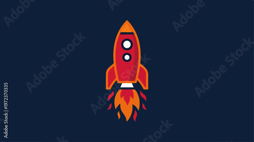 Red Rocket Ship Illustration on Dark Blue Background.