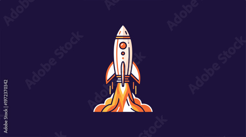 Rocket ship launching into space with fiery propulsion and design.