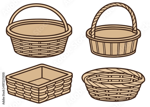 Four tan wicker baskets including three circular designs and one rectangular bin feature clean line work and dark brown outlines on white.