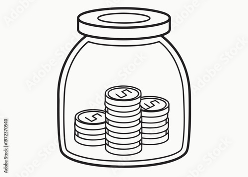 A black and white line art drawing of a glass jar contains three vertical stacks of coins labeled with the number five for savings and growth.