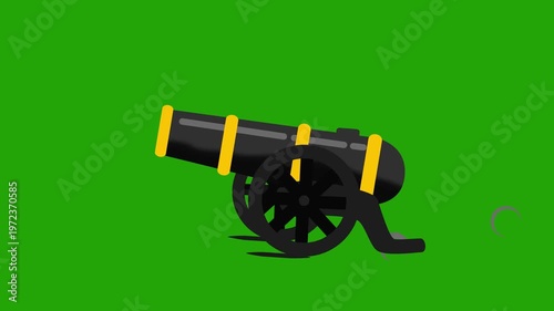 animated old artillery cannon explosion. cartoon antique military weapon for war isolated green