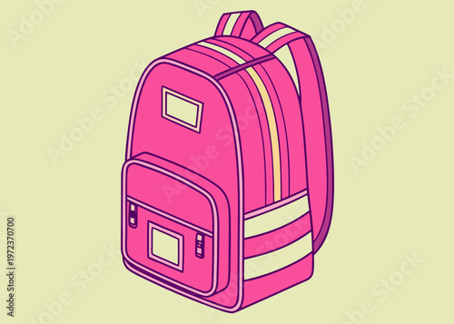 A vibrant pink backpack with multiple zippered compartments and white decorative stripes is shown against a solid pale yellow background.