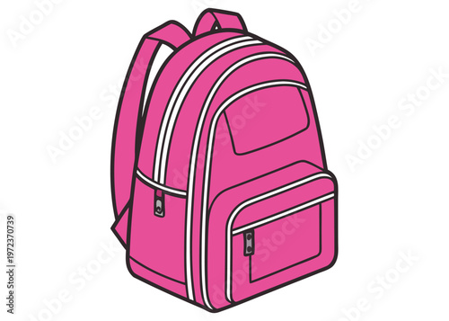 A pink backpack with white zipper accents and three distinct storage compartments is presented in a three-quarter view on a white background.