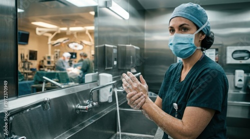 A trauma surgeon scrubbing in at a stainless steel sink before an operation, water cascading over gloved hands in slow motion, surgical mask already in place, eyes