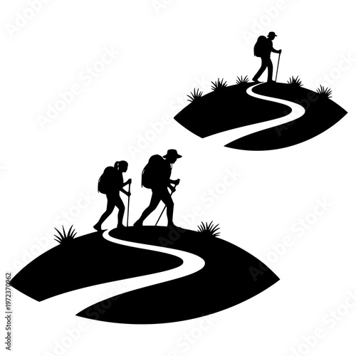 Hikers on winding paths in silhouette. Silhouette of hikers with backpacks and walking sticks on winding paths