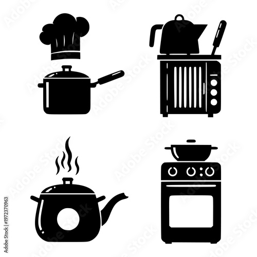 Kitchen Utensils and Appliances Silhouettes. Collection of kitchen utensils and appliances in silhouette form, including pots, pans, stove, oven, and chef hat.