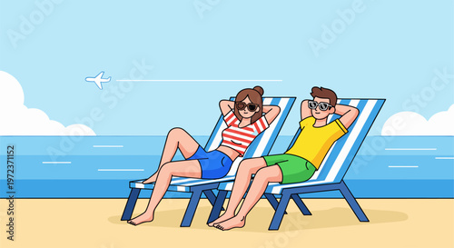 Young Couple Relaxing on Beach Chairs Enjoying Sunny Day by the Sea Illustration