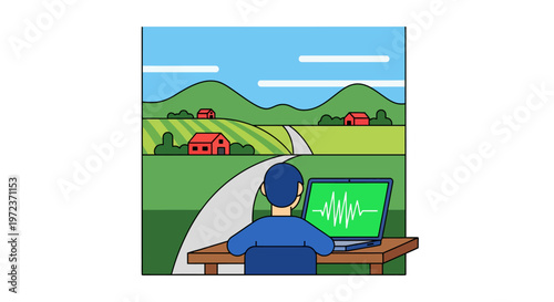 Individual working remotely on laptop with a clear waveform display in a serene, picturesque rural landscape illustration