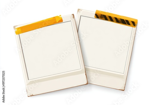 Two blank white notepads with yellow and black striped clips.