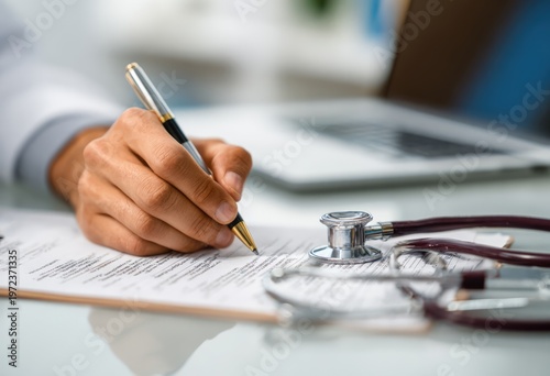 Doctor Writing Prescription on Clipboard with Stethoscope and Laptop.